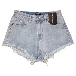 BNWT PrettyLittleThing sz 6 High Waisted Light Wash Fringe Denim Jean Shorts